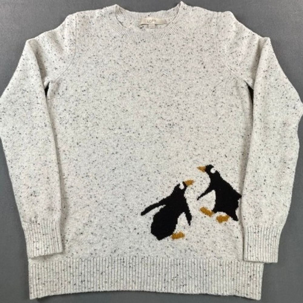 Loft Light Gray Winter Playful Penguins Pullover Crewneck Knit Sweater MD